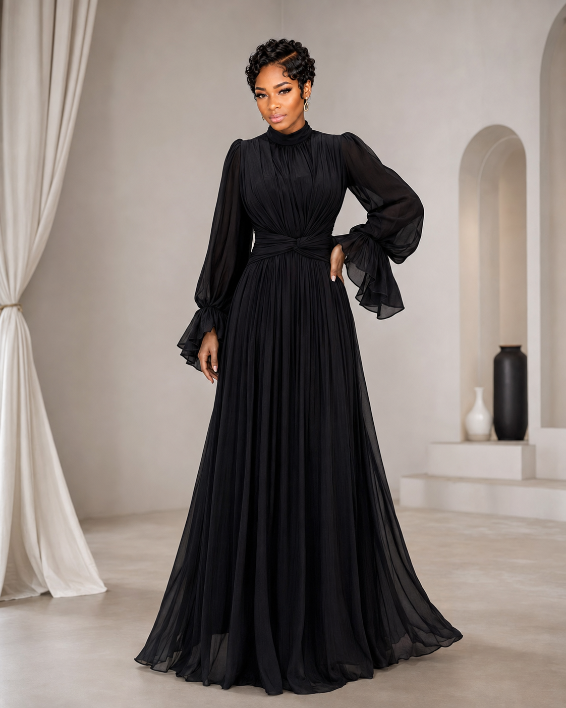 Pleated Mock Neck Long Sleeve Maxi Dress