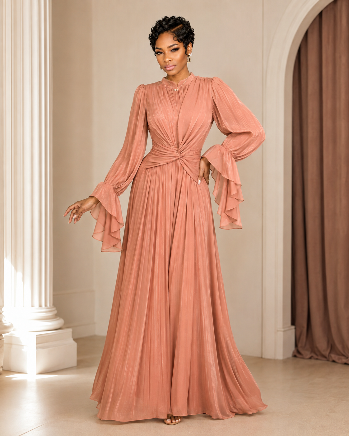 Pleated Mock Neck Long Sleeve Maxi Dress