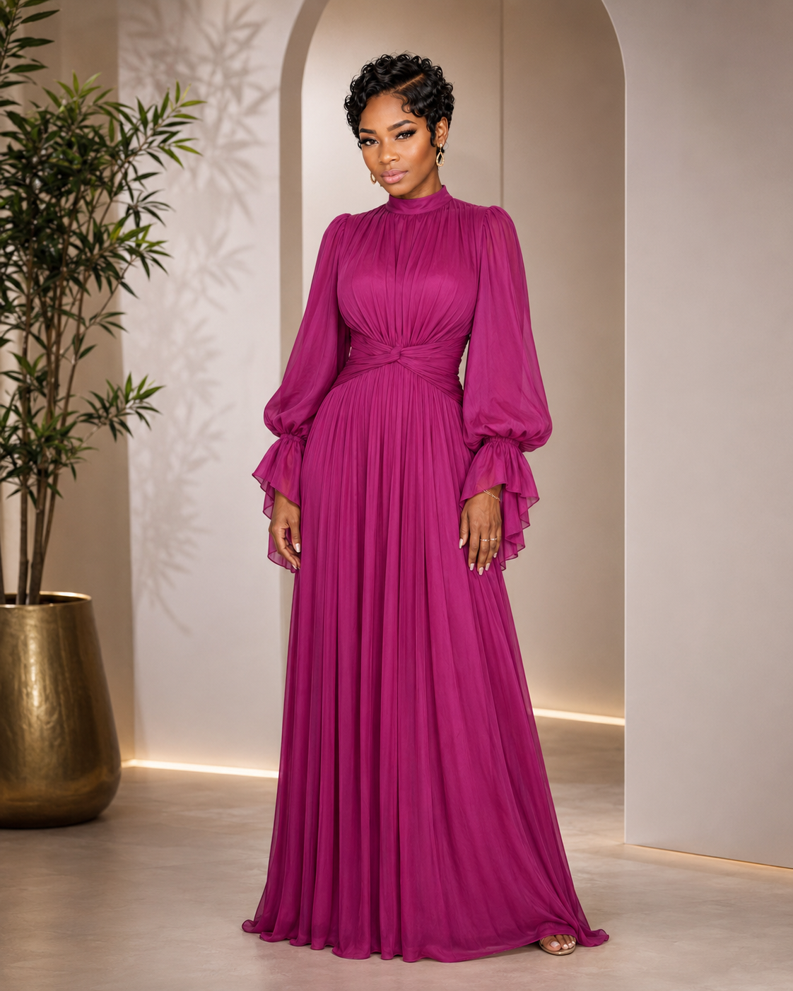 Pleated Mock Neck Long Sleeve Maxi Dress